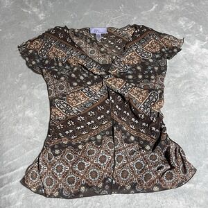 Y2K Nine & Co Top Womens 6 Brown Ruffle Boho V Neck‎ Floral Hippie Boho Fairy